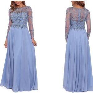 XSCAPE Sequin Embellished Long Sleeve Boat Neck Chiffon Gown in Dusty Blue